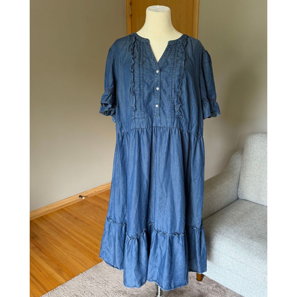 Frye and Co. Blue Chambray Ruffle Tiered Short Sleeve Midi Dress Size 2X Western